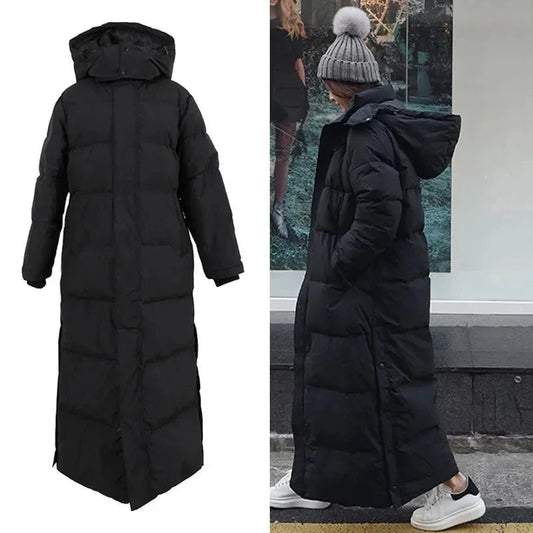Women's Thickened Padded Cotton Parka Over-The-Knee Long Black down Coat Winter Warm Fashion Zipper Closure Slim Fit Female Jacket
