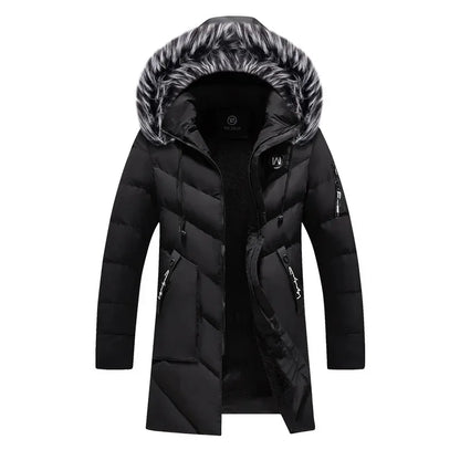 Men's Winter Thick Cotton Parka Casual Long Coat with Removable Hat Slim Fit Warm And Comfortable