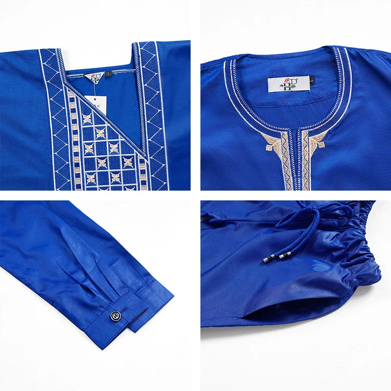 Boys White Blue Long Sleeve Tops Embroidery Dashiki Robe Shirt And Pant Set 3 PCS