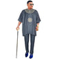 African Clothes for Men 2 Pieces Set Blue Embroidered Tops and Pants Traditional Clothing Rich Bazin