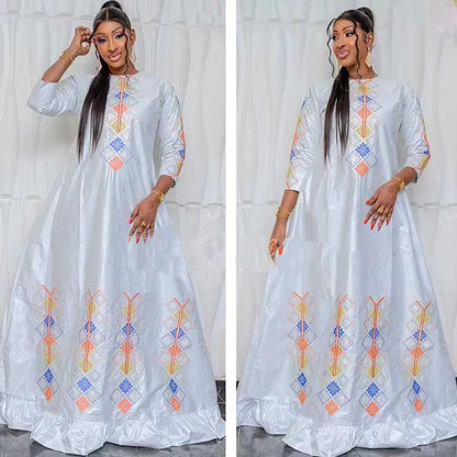 Women's Bazin Riche Long Dresses For Traditional Wedding Party and Evening Gowns White