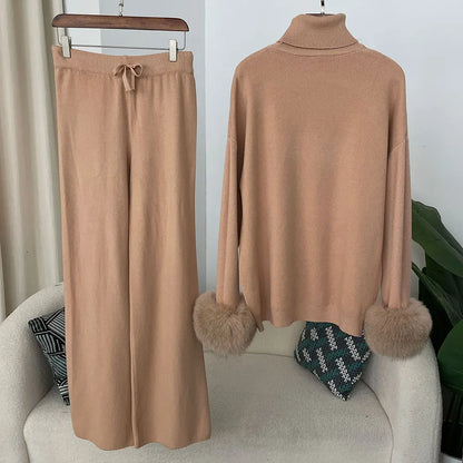 Fashion Autumn Winter Natural Real Fox Fur Cuffs Coat Knitted Sweater Women