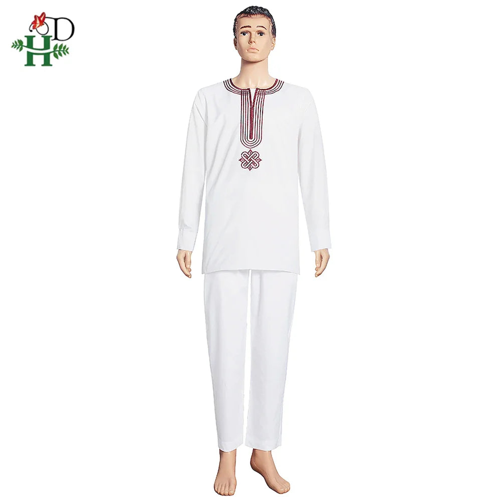 H&D Embroidered Dashiki Agbada Men African Traditional Clothes Ankara Outfit Cover Shirt Pants 3 PCS Suit Muslim Sets