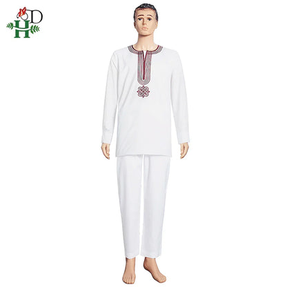 H&D Embroidered Dashiki Agbada Men African Traditional Clothes Ankara Outfit Cover Shirt Pants 3 PCS Suit Muslim Sets