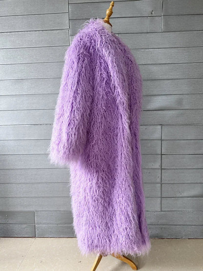 Faux Fur Jacket Women Long Coat Thick Fluffy Winter Warm Shaggy Overcoat Open Stitch Outerwear Turn Down Collar High Street