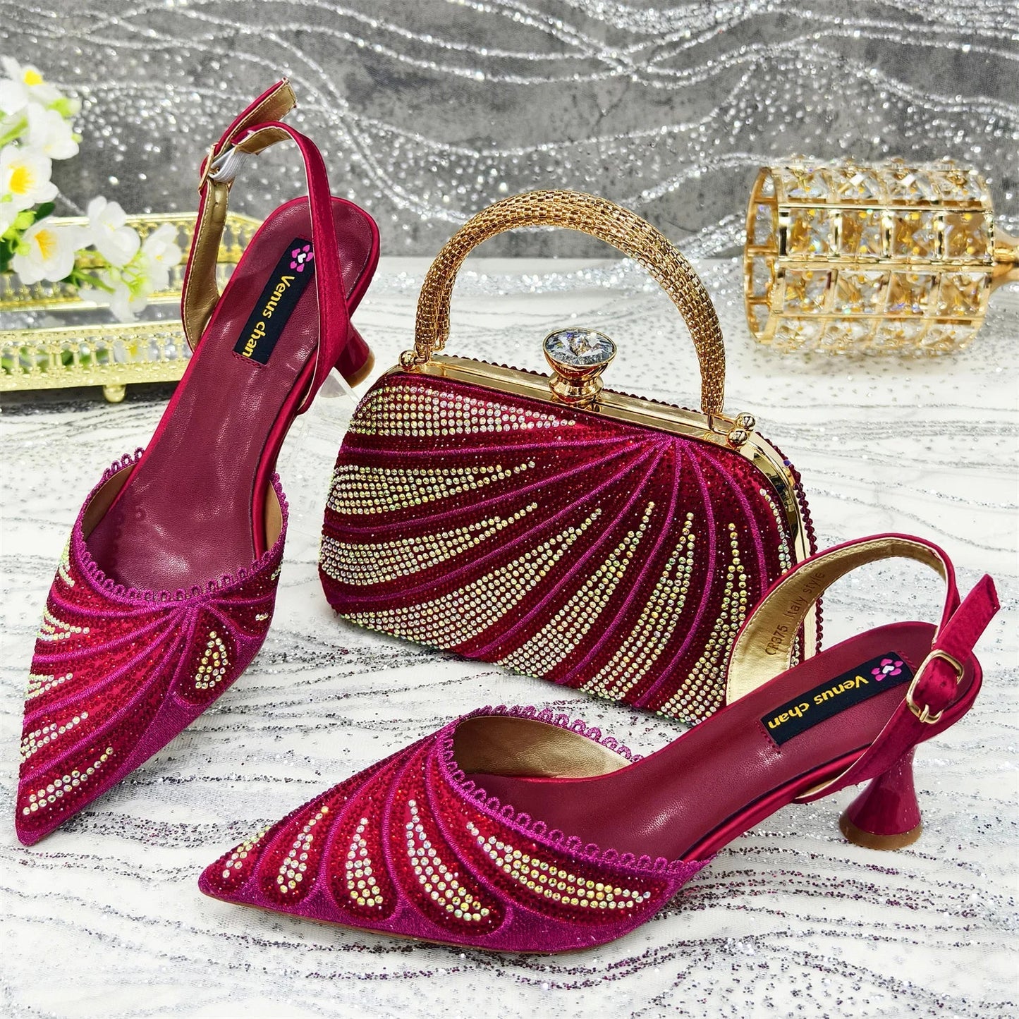 Women's Italian Diamond Studded Shoes and Bag Matching Set