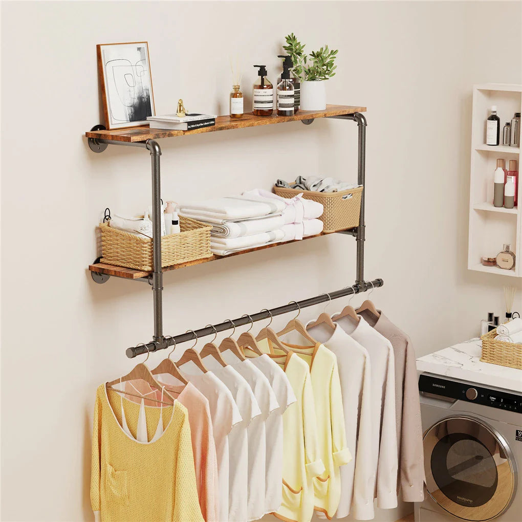 Heavy Duty Pipe Clothing Rack, Wall Mounted Garment Display Rack, 2Tiers Open Shelves, Large Closet