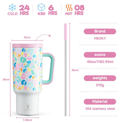 Meoky 40oz Cup Tumbler with Handle Straw Stainless Steel Multi-Prints Coffee Cup Travel Water Bottle Leak-Proof Car Mug Gifts