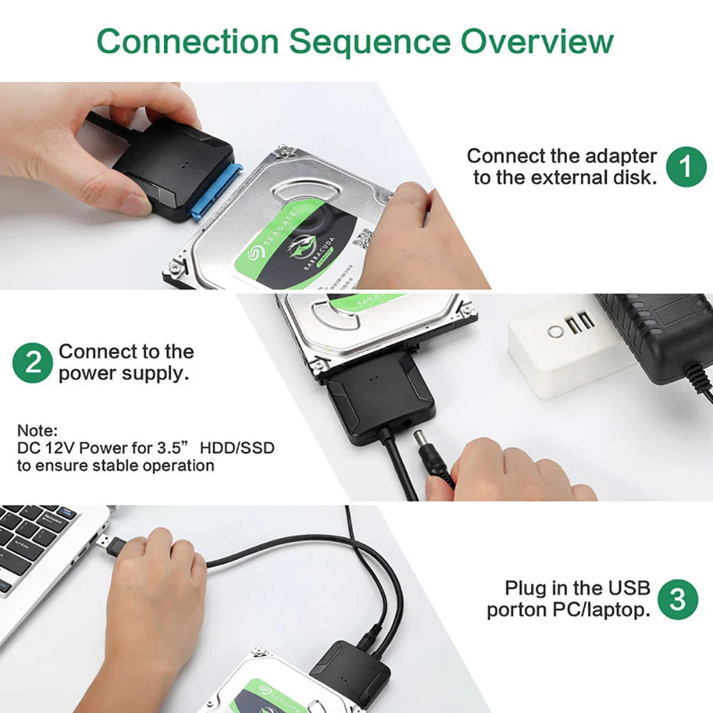 USB 3.0 to SATA Cable SATA III Hard Drive Adapter Converter for 2.5" 3.5" SSD HDD Hard Drive Disk with 12V/2A Power Adapter