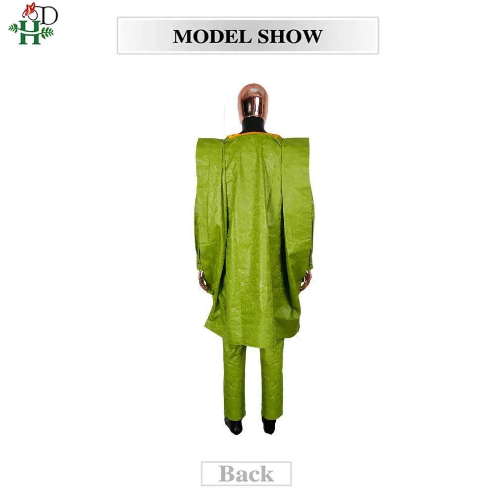 H&D African Clothing For Man Traditional Agbada Sets 3PCS Green Bazin Riche Shirt Pant Embroidery Wedding Party Suits Plus Size