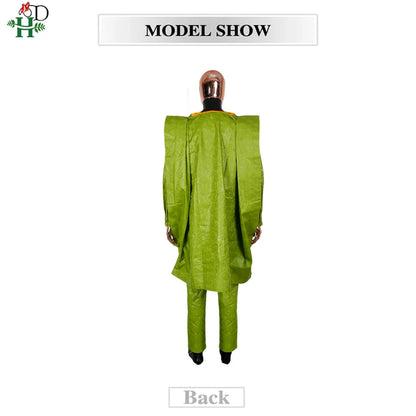 H&D African Clothing For Man Traditional Agbada Sets 3PCS Green Bazin Riche Shirt Pant Embroidery Wedding Party Suits Plus Size