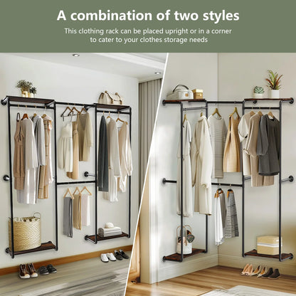 Industrial Pipe Clothes Rack, Wall-Mounted Metal Clothes Stand, Walk-in Wardrobe, with Shelves