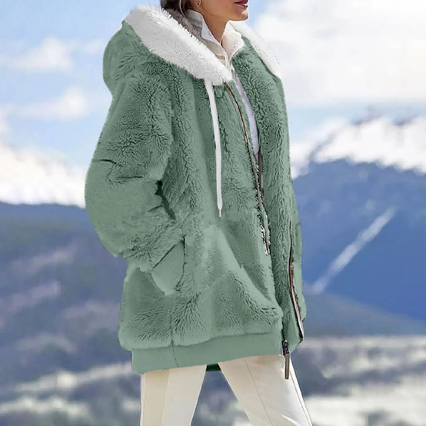 Women's Winter Fashionable Hooded Fleece Solid Color Jacket