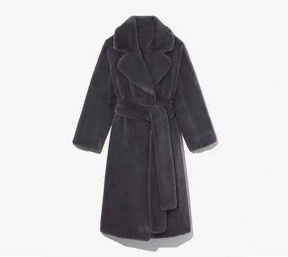 Luxury Lace Up Faux Fur Coat Women Chic Lapel Full Sleeve Fluffy Loose Warm Long Jacket Lady Winter Daily Highstreet Outerwears