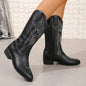 Vintage Black Western Cowboy Boots for Women Heels PU Leather Ankle Booties