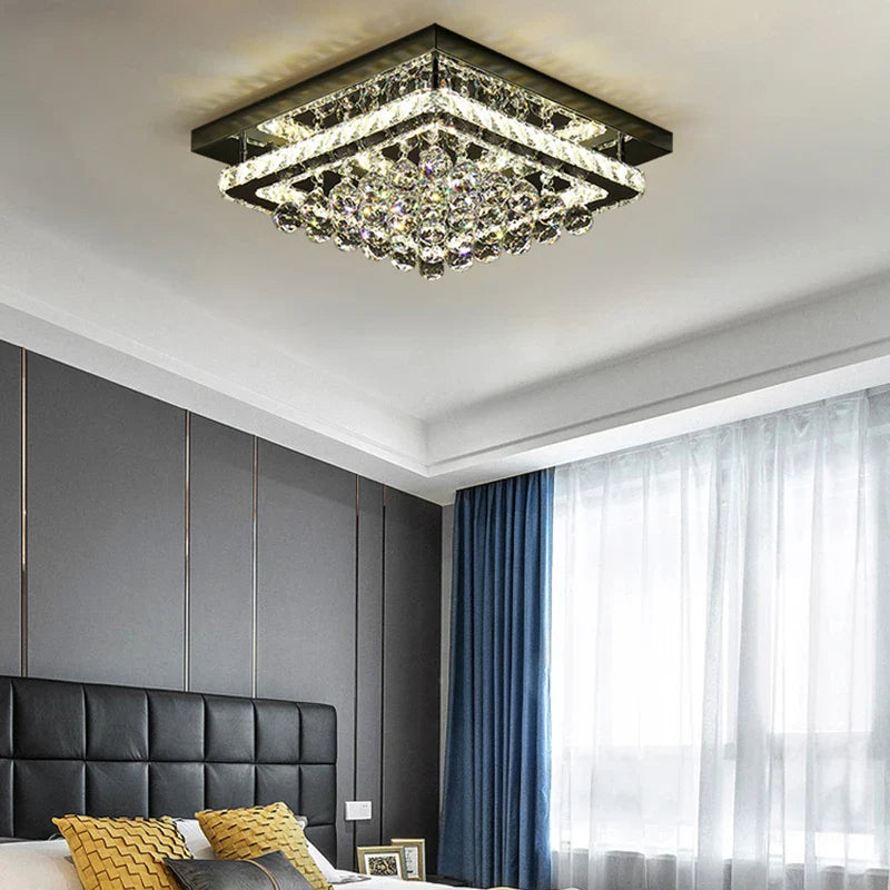 KOMORE Modern Fancy Crystal LED Flush Mount Ceiling Light Fixture, Cool White / Stepless Dimming for Office, Living Room