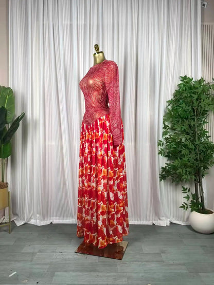 Women leaf Print patchwork smock Midi A-line Long Maxi Elegant Evening Dresses