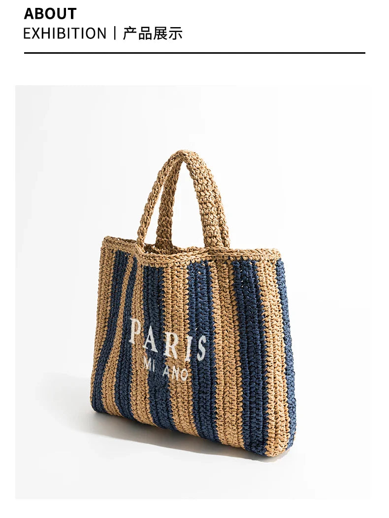 Women's Fashion Large Capacity Handmade Straw Knitting Tote Bag Summer Travel Beach Shoulder Bags Casual Simple Portable Handbag