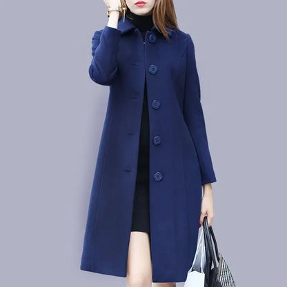 Women's Medium-Length Slimming Woolen Overcoat Autumn Winter plus Sizes Smooth Silhouette Single Breasted Button Closure