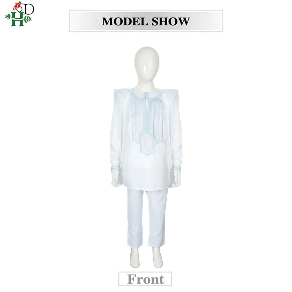 Boys White Blue Long Sleeve Tops Embroidery Dashiki Robe Shirt And Pant Set 3 PCS