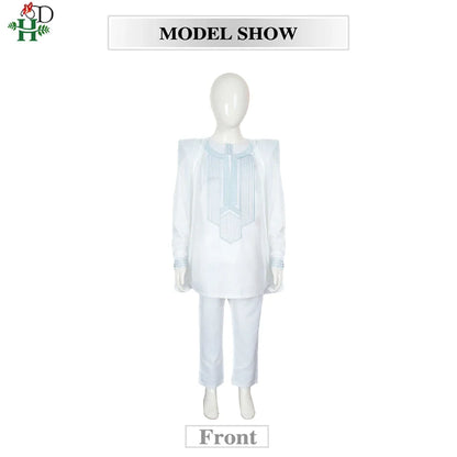 Boys White Blue Long Sleeve Tops Embroidery Dashiki Robe Shirt And Pant Set 3 PCS