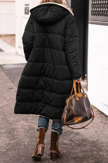 Winter Hooded Quilted Women's Solid Reversible Long Sleeve Thick