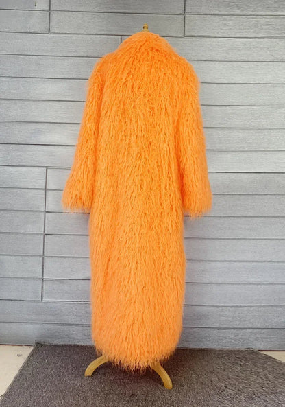 Faux Fur Jacket Women Long Coat Thick Fluffy Winter Warm Shaggy Overcoat Open Stitch Outerwear Turn Down Collar High Street