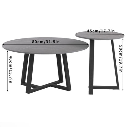 Modern Nesting Coffee Table, Round Accent Cafe Table, Side End Table, Grey Sintered Stone, Metal Frame, Set of 2
