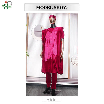 African Clothes for Men Clothing High-Quality Pink Embroidery With Hat Flannelette 3 Pcs Set