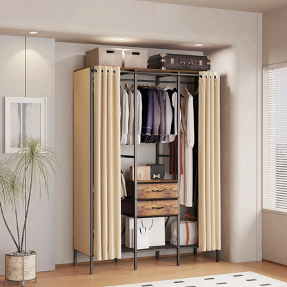 Industrial Coat Rack Stand, Open Wardrobe, Clothes Rail with 2 Drawer and Shelves, Bedroom Storage, Hanging Bar, XXL