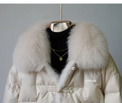 Women's White Duck down Jacket 2025 Winter Collection Real Faux Fur Collar Hair Puffer Coat Vintage Street wear