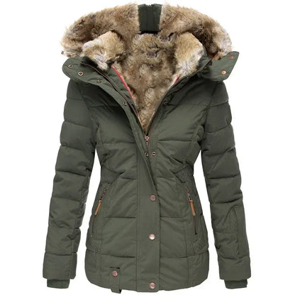 Winter Warm Wool Collar Cotton Coat Womens Zipper Long Sleeve Slim Fit Hooded