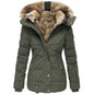 Winter Warm Wool Collar Cotton Coat Womens Zipper Long Sleeve Slim Fit Hooded