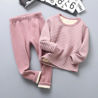 Children's Fleece Lined Thermal Underwear Set Boys Girls Stripe Design Thickened Unisex Autumn Thermal Pajamas 4-6 Years