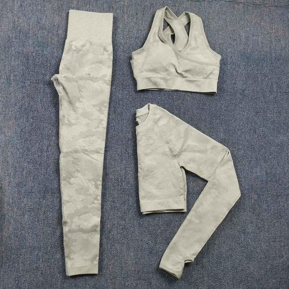 3PCS Camouflage Yoga Set for Women Seamless Fitness Yoga Bra Sports Bra High Waist GYM Camo leggings Pants Fitness Suits Workout