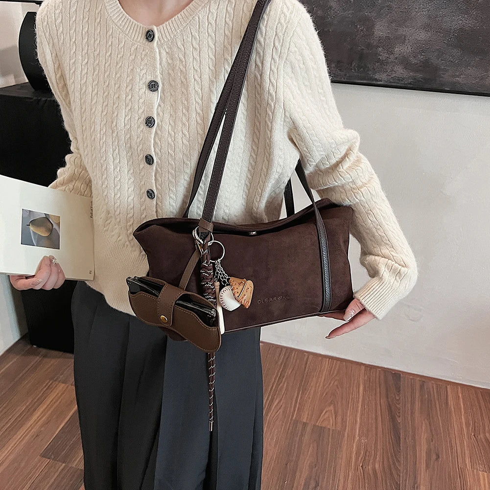 Autumn and Winter Vintage Women's Bag Suede Shoulder Bag Luxury Designer Top Handle Clutch Bag Purse for Women Retro Handbags