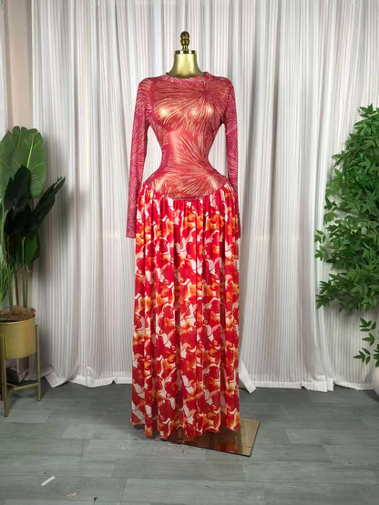 Women leaf Print patchwork smock Midi A-line Long Maxi Elegant Evening Dresses