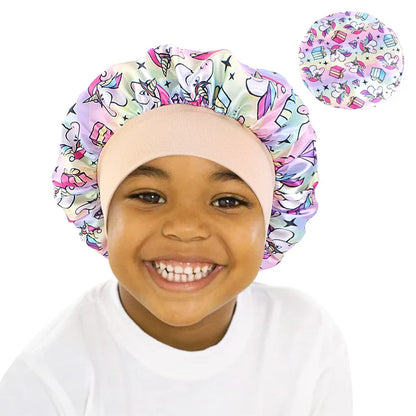 Cartoon Baby Kids Print Satin Bonnet Sleep Hat Cap for Curly Hair Adjustable Silky Satin Cap for Toddler Night Sleep Caps Beanie