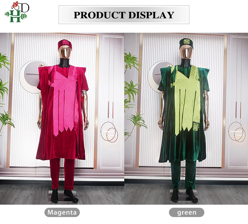 African Clothes for Men Clothing High-Quality Pink Embroidery With Hat Flannelette 3 Pcs Set