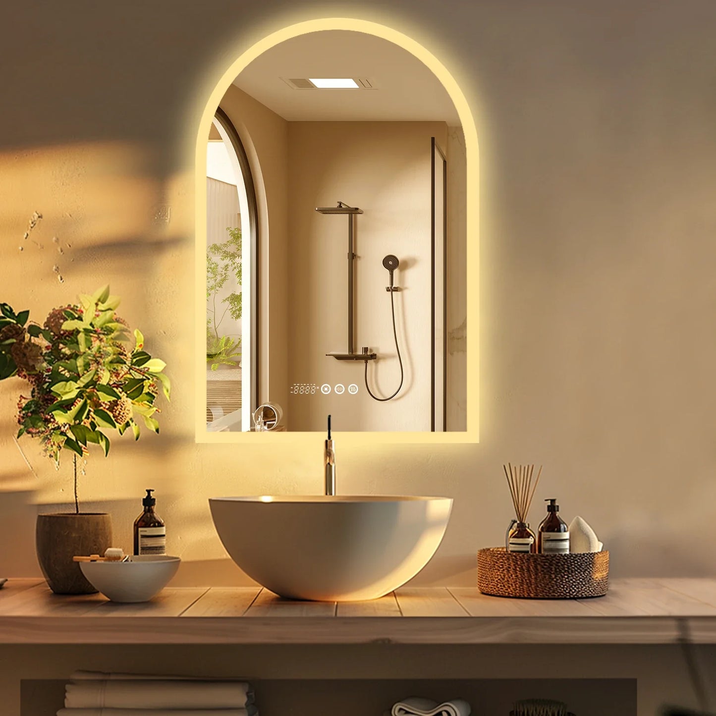 60x90CM Vertical Arch-Shape LED Bathroom Mirror Backlit Frameless Lighted Antifog Mirror Time Temperature Display