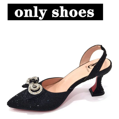 Women's Rhinestone Bow Side Italian Party Shoes And Bags Set
