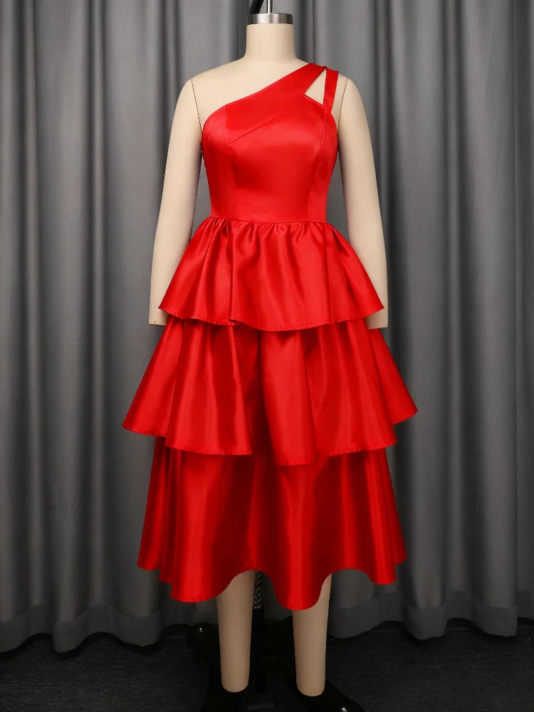 Women's Elegant One-Shoulder Ruffle Layered Party Dress Shiny Mid-Calf Gown for Christmas Birthday Wedding Guest Events