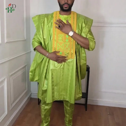 H&D African Clothing For Man Traditional Agbada Sets 3PCS Green Bazin Riche Shirt Pant Embroidery Wedding Party Suits Plus Size