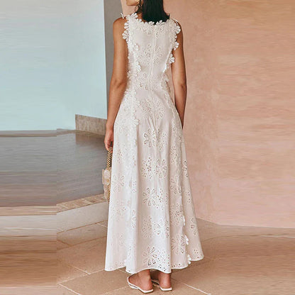 Elegant Hollow Out Floral Bandage Party Dress New Solid Color Lace Embroidery Evening Dress Trendy Sleeveless Women White Dress