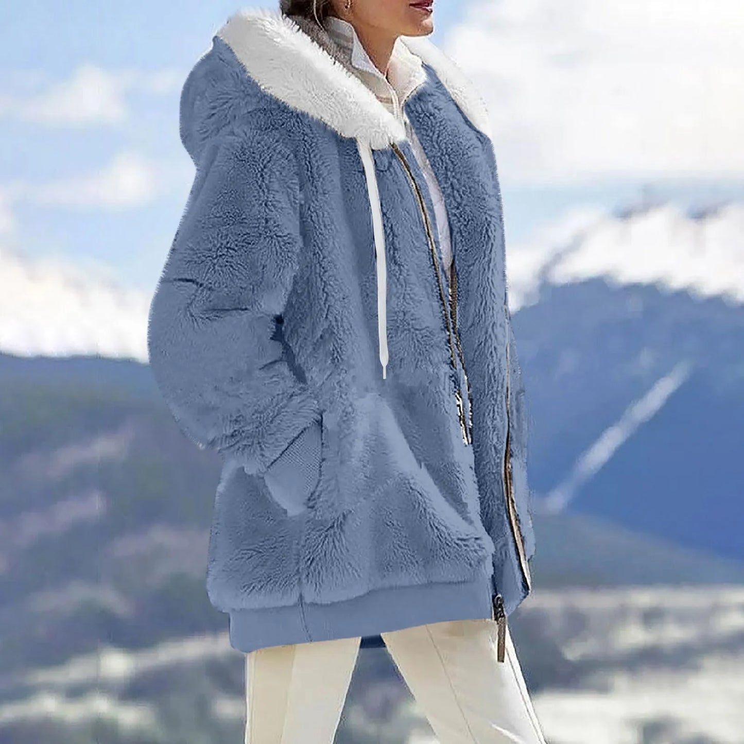 Women's Winter Fashionable Hooded Fleece Solid Color Jacket
