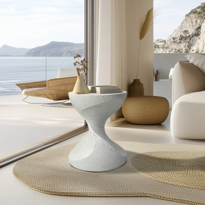 Hourglass Shaped Lightweight Concrete Side Table White Bedside Accent End Table for Living Room, Balcony