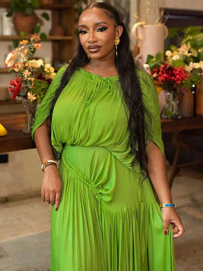 Elegant Olive Green Dress for Women Maxi Summer Dress Waist Draped Straight Type Pleated Party Dress Wholesale Dropshipping