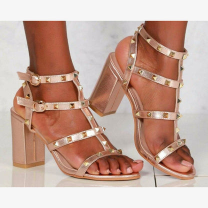 LADIES STUDDED STRAPPY HIGH BLOCK HEEL PEEP TOE EVENING PARTY SANDALS