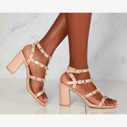LADIES STUDDED STRAPPY HIGH BLOCK HEEL PEEP TOE EVENING PARTY SANDALS