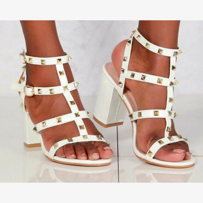 LADIES STUDDED STRAPPY HIGH BLOCK HEEL PEEP TOE EVENING PARTY SANDALS